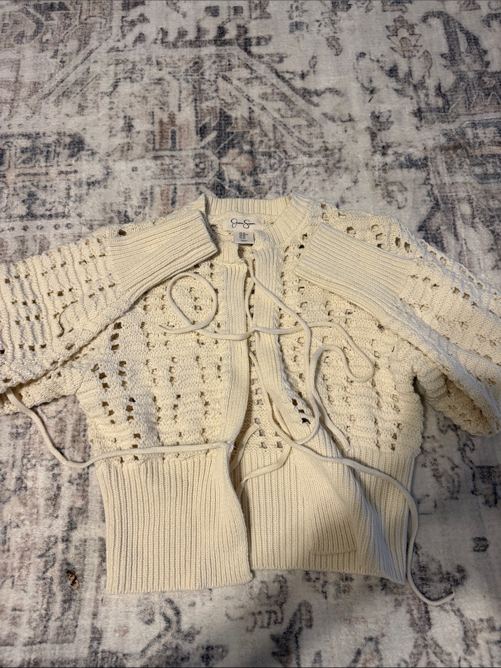 J.O.A. Cream Openwork Tie-Front Cardigan